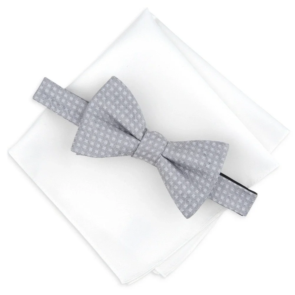 Alfani Mens Bow Tie & Pocket Square Set OS Grey/White Geometric Necktie NWT